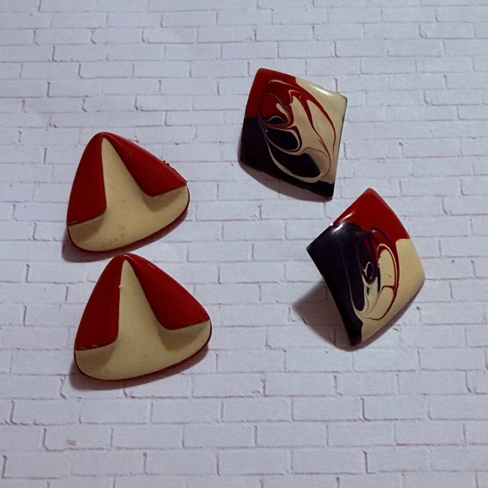 Vintage Red Cream Black Enamel Pierced Statement Earrings 2 Pairs